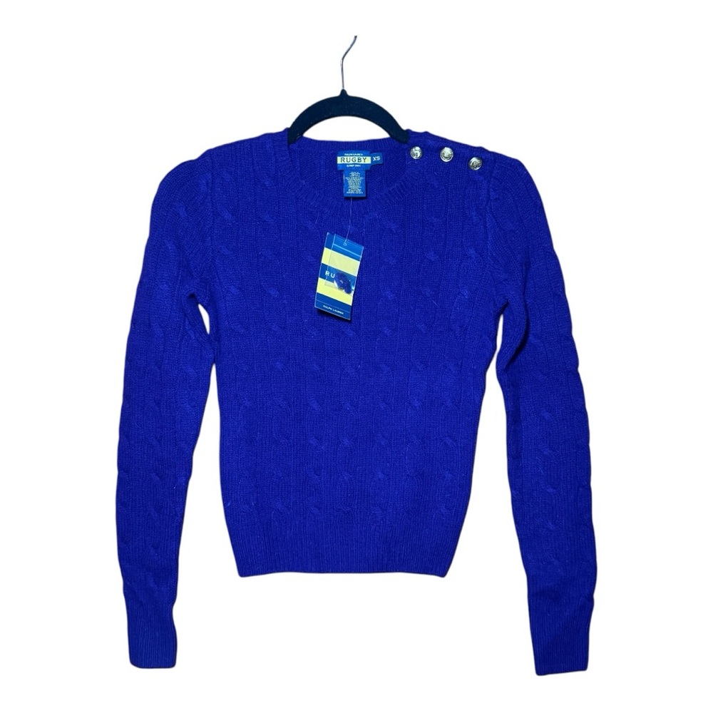 Blue Cable Knit Sweater Wool and angora w/gold crossbones Classic RL Buttons NWT